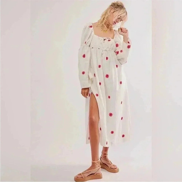Free People Dresses & Skirts - NEW Free People Emory Embroidered Cotton-Linen Blend Midi Dress Ivory NWOT Sz S